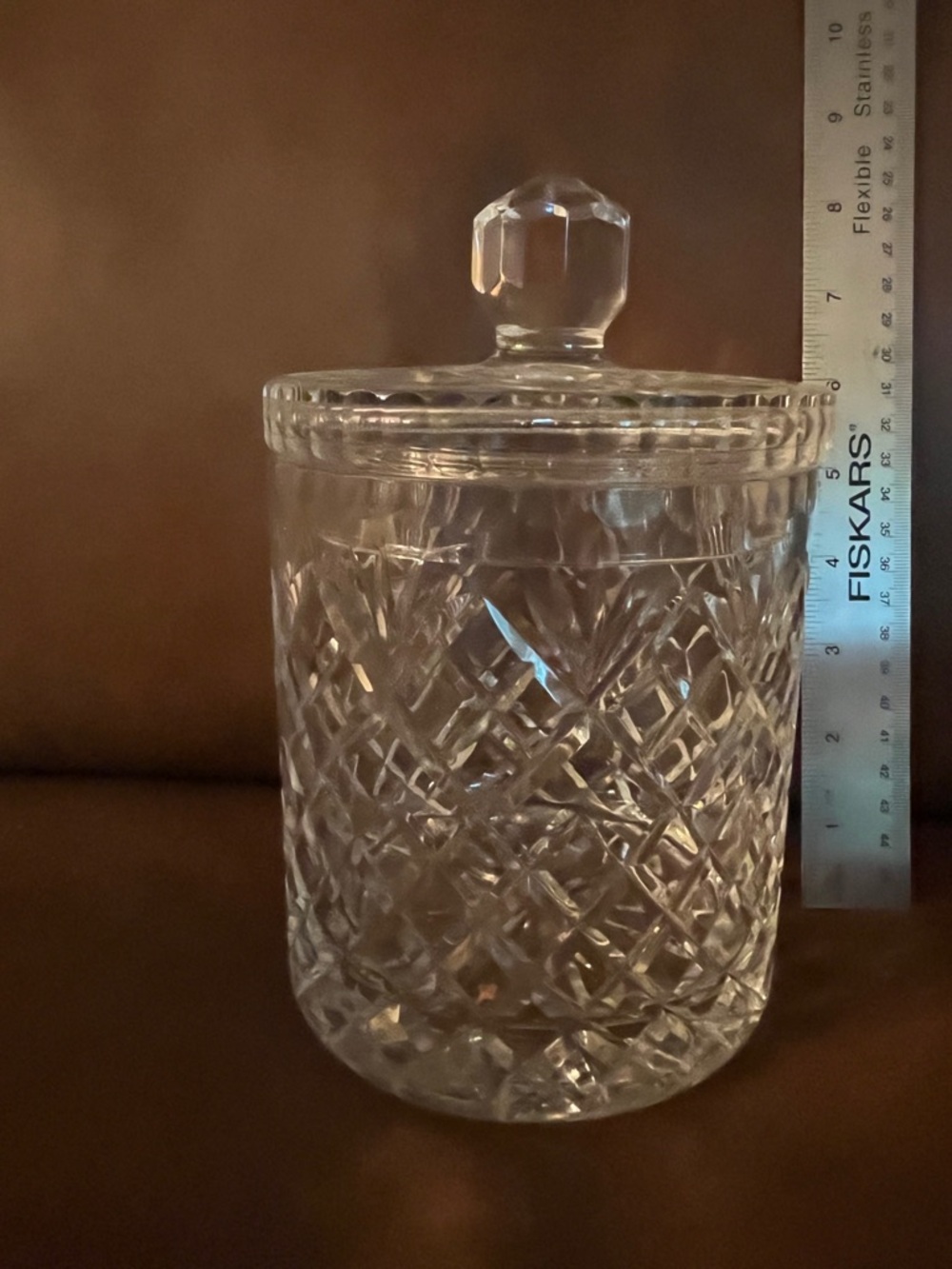 Vtg St. George Lead Crystal 8” Biscuit Barrel Jar w/ Diamond Pattern Lid